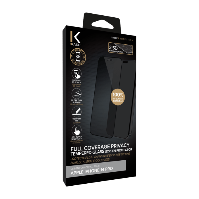 Protection d'&eacute;cran Priv&eacute;e en verre tremp&eacute; (100% de surface couverte) pour Apple iPhone 14 Pro, Noir