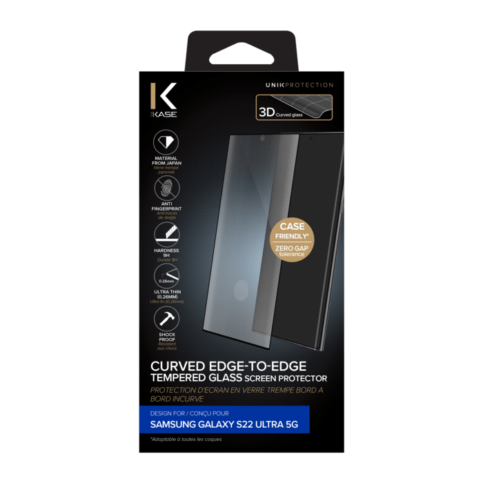 Protection d'&eacute;cran en verre tremp&eacute; Bord &agrave; Bord Incurv&eacute; pour Samsung Galaxy S22 Ultra 5G, Noir