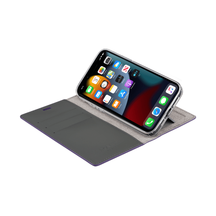 Diarycase 2.0 Coque clapet en cuir v&eacute;ritable avec support aimant&eacute; pour Apple iPhone 13, Violet Lilas