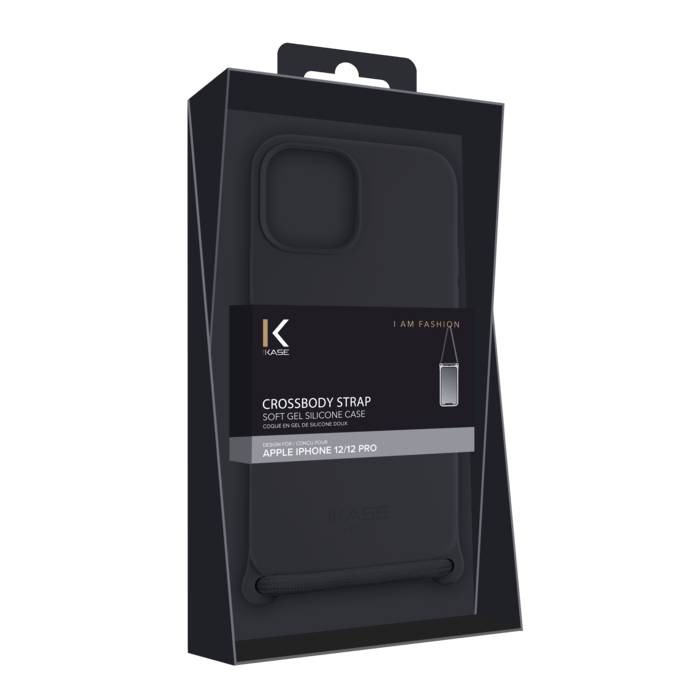 Coque en gel de silicone doux en bandouli&egrave;re pour Apple iPhone 12/12 Pro, Noir satin