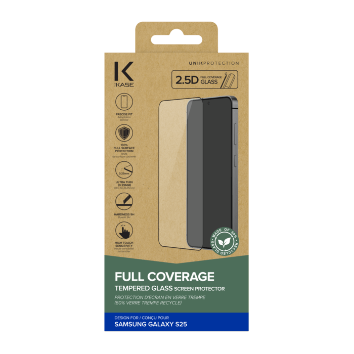 Protection d'&eacute;cran en verre tremp&eacute; (60% verre tremp&eacute; recycl&eacute;) pour Samsung Galaxy S25 5G, Noir