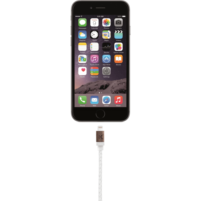 C&acirc;ble Lightning certifi&eacute; MFi Apple Charge/Sync (0.3M) Cuir veritable Bois de Noyer Blanc