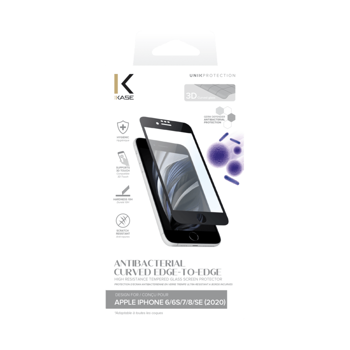 Protection d’écran antibactérienne en verre trempé ultra-résistant à bords incurvés pour Apple iPhone 6/6s/7/8/SE 2020, Noir