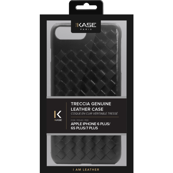 Coque en cuir v&eacute;ritable Treccia pour Apple iPhone 6 Plus/6s Plus/7 Plus/8 Plus, Noir Satin
