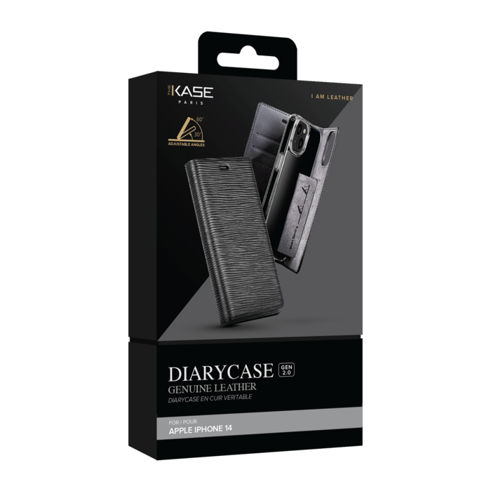 Diarycase 2.0 Coque clapet en cuir v&eacute;ritable avec support aimant&eacute; pour Apple iPhone 14, Minuit Noir