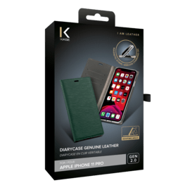 Diarycase 2.0 Etui à rabat en cuir véritable avec support magnétique pour Apple iPhone 11 Pro, Vert minuit