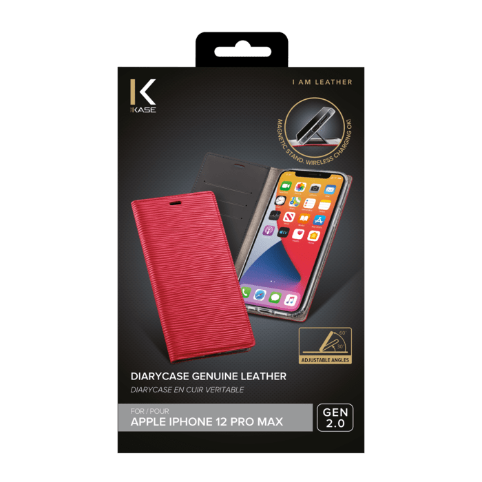 Diarycase 2.0 Coque clapet en cuir v&eacute;ritable avec support aimant&eacute; pour Apple iPhone 12 Pro Max, Rouge Bordeaux