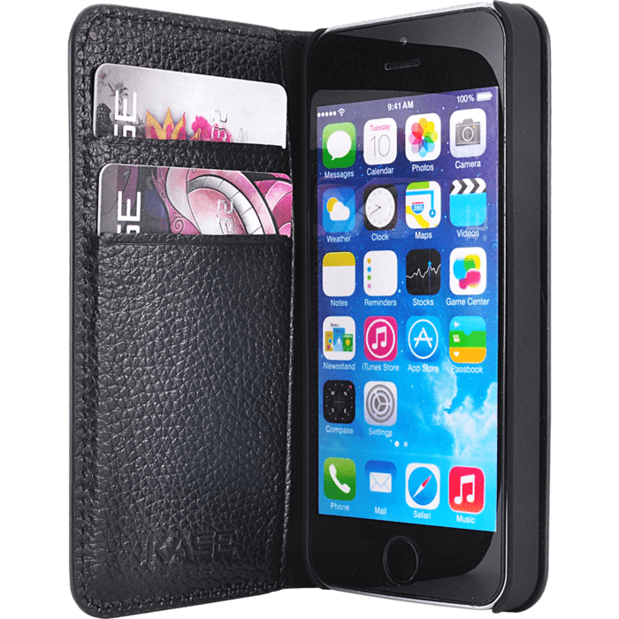 Étui portefeuille en cuir véritable pour Apple iPhone 5/5s/SE, cuir Shrunken Noir