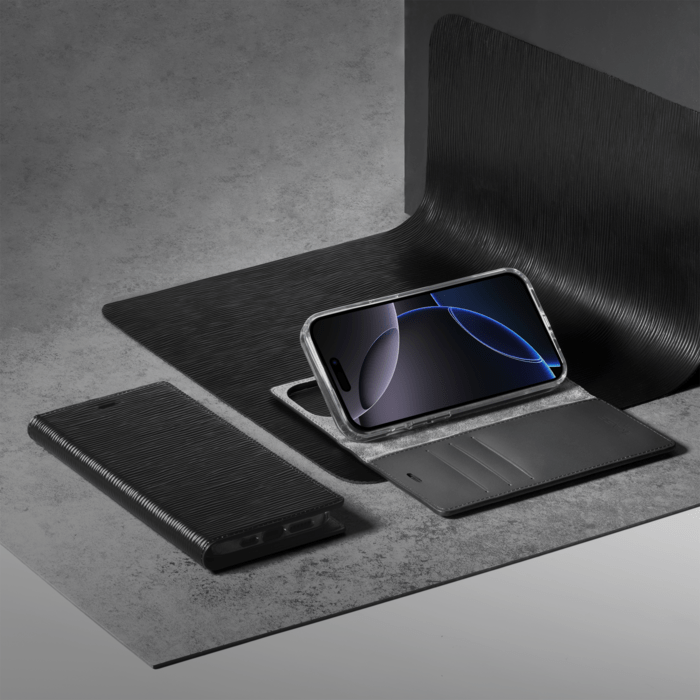 Diarycase 2.0 Coque clapet en cuir véritable avec support aimanté et fabriqué avec un étui en plastique recyclé pour Apple iPhone 16 Pro, Noir Minuit