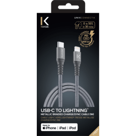 Câble USB-C vers Lightning certifié MFi Apple métallisé tressé Charge/sync (1M), Gris Sidéral