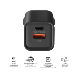 Chargeur Mural Double Port Supreme Power GaN Fabriqu&eacute; Avec du 100% Plastique Recycl&eacute; - 33 W (PPS), Noir