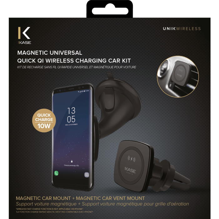 Kit de recharge sans fil Qi rapide universel et magn&eacute;tique pour voiture (Charge rapide-10W), Noir