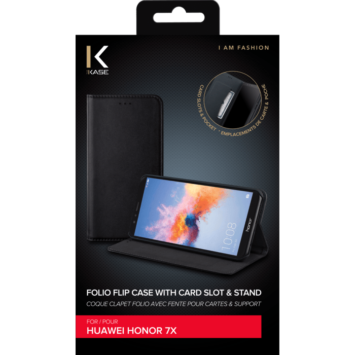 Coque clapet folio avec fente pour cartes & support pour Huawei Honor 7X, Noir
