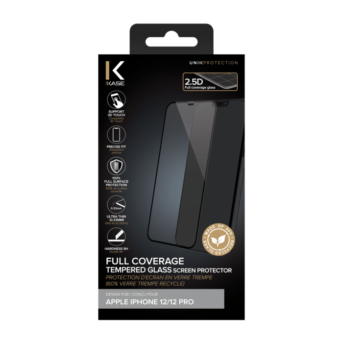 Protection d'&eacute;cran en verre tremp&eacute; (60% verre tremp&eacute; recycl&eacute;) pour Apple iPhone 12/12 Pro, Noir
