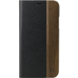 Case Flip Case for Apple iPhone X/XS, Black Saffiano & Natural Walnut Wood