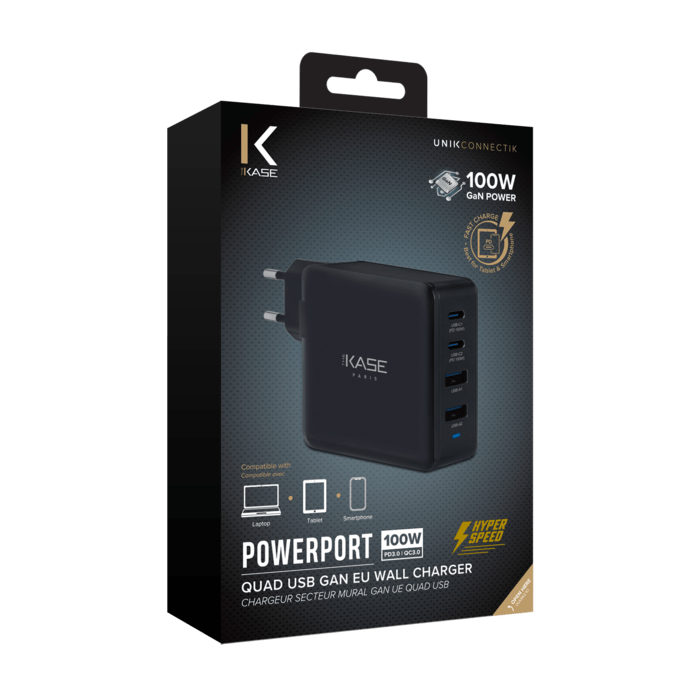 Chargeur secteur mural universel GaN UE quad USB PowerPort Hyper Rapide 100W, Noir