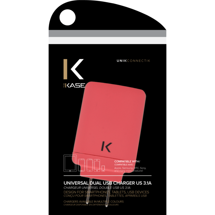 Chargeur Universel Double USB (US) 3.1A, Corail
