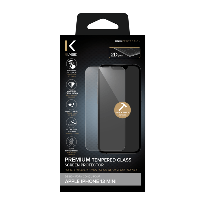 Protection d'&eacute;cran premium en verre tremp&eacute; pour Apple iPhone 13 mini, Transparent