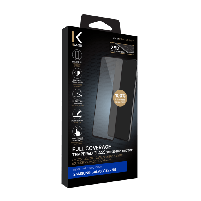 Protection d'&eacute;cran en verre tremp&eacute; (100% de surface couverte) pour Samsung Galaxy S22 5G, Noir