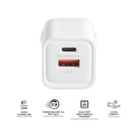 Chargeur Mural Double Port Supreme Power GaN Fabriqué Avec du 100% Plastique Recyclé - 33 W (PPS), Blanc