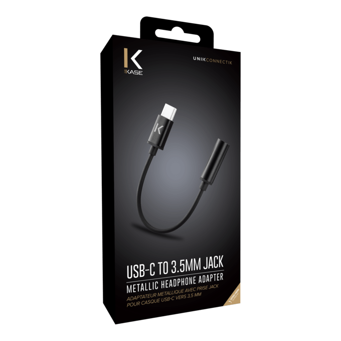 Adaptateur m&eacute;tallique avec prise Jack pour casque USB-C vers 3,5 mm, Noir