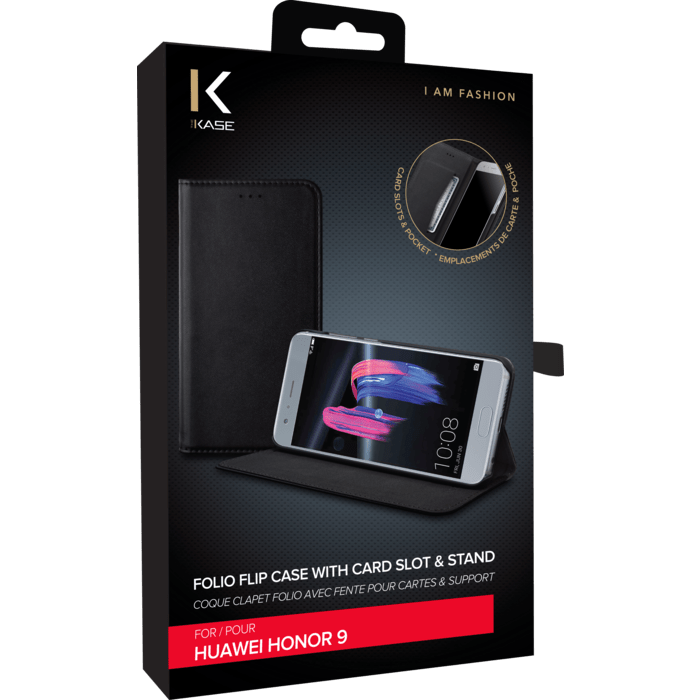 Coque clapet folio avec fente pour cartes & support pour Huawei Honor 9, Noir
