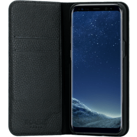 Case Genuine Leather Wallet Flip Case for Samsung Galaxy S8, Shrunken Black Leather