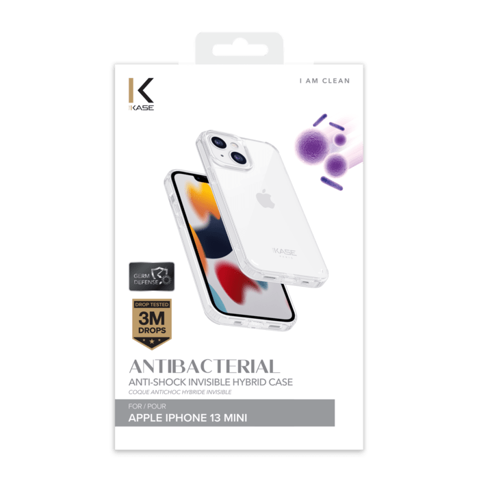 Coque antibact&eacute;rienne antichoc hybride invisible pour Apple iPhone 13 mini, Transparente