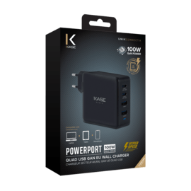 Chargeur secteur mural universel GaN UE quad USB PowerPort Hyper Rapide 100W, Noir
