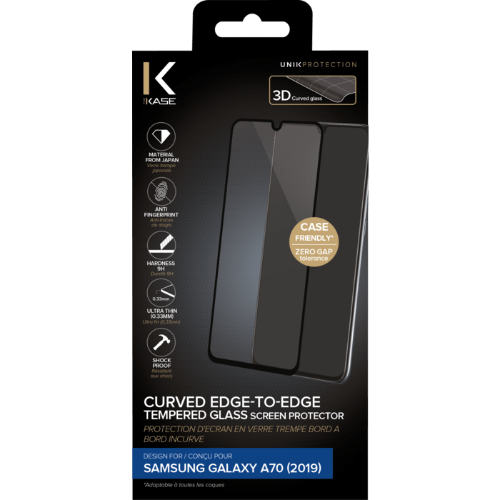 Protection d'&eacute;cran en verre tremp&eacute; Bord &agrave; Bord Incurv&eacute; pour Samsung Galaxy A70 2019, Noir