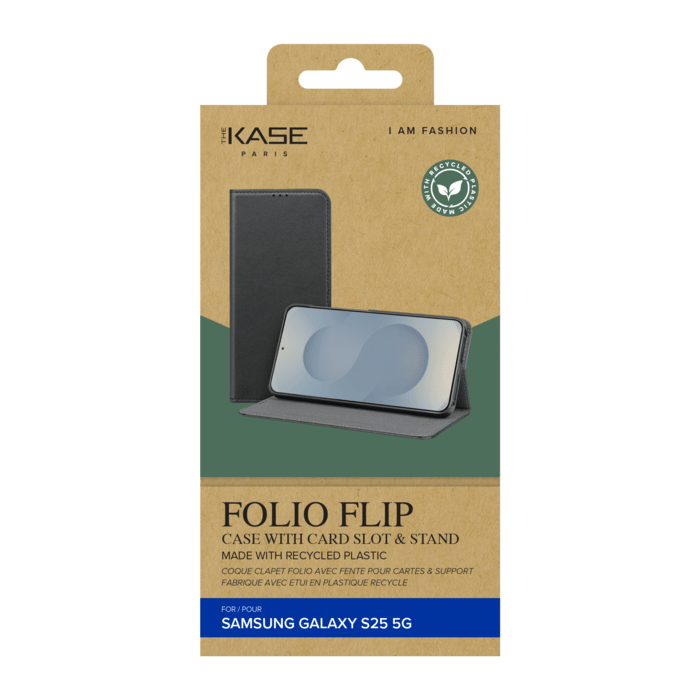 Coque clapet folio avec fente pour cartes & support pour Samsung Galaxy S25 5G, Noir