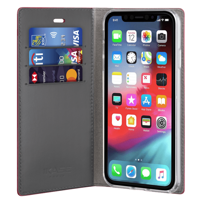 Diarycase 2.0 Coque clapet en cuir v&eacute;ritable avec support aimant&eacute; pour Apple iPhone XS Max, Rouge Bordeaux