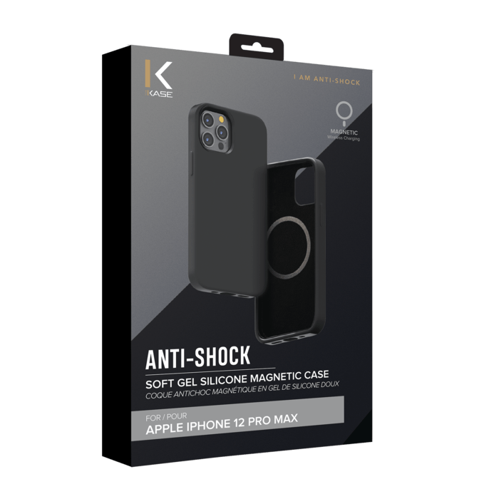 Coque antichoc magn&eacute;tique en gel de silicone doux pour Apple iPhone 12 Pro Max, Noir satin