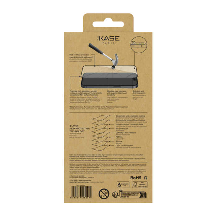 Protection d&rsquo;&eacute;cran antibact&eacute;rienne en verre tremp&eacute; ultra-r&eacute;sistant &agrave; bords incurv&eacute;s (60% verre tremp&eacute; recycl&eacute;) pour Apple iPhone 16 Plus, Noir