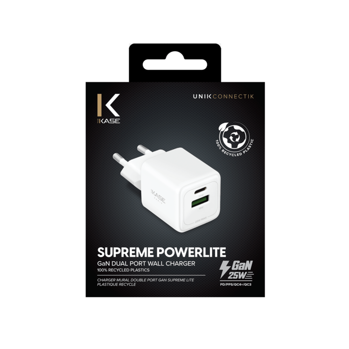 Chargeur Mural Double Port Supreme PowerLite GaN Fabriqu&eacute; Avec du 100% Plastique Recycl&eacute; - 25W (PPS), Blanc