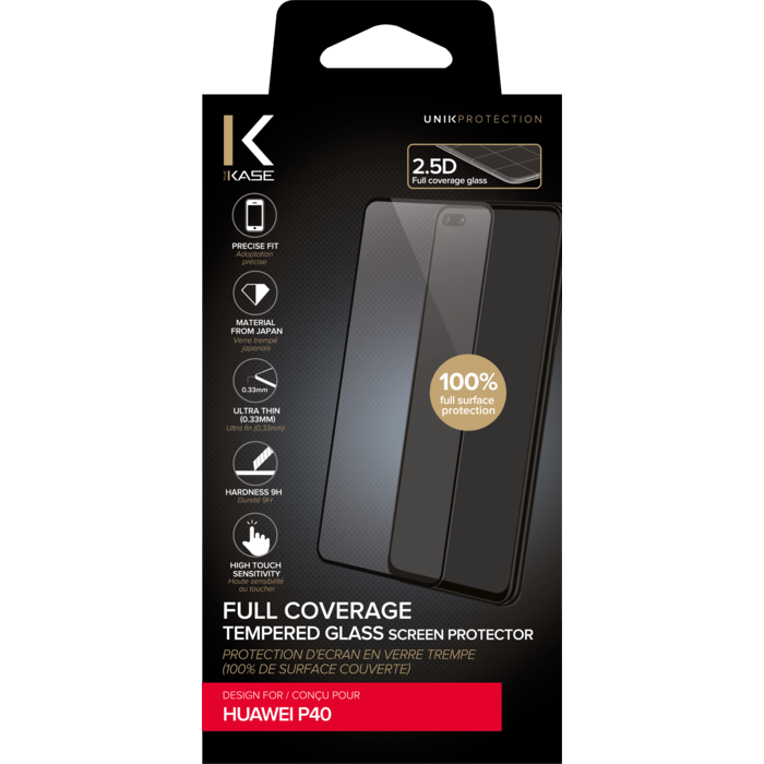 Protection d'écran en verre trempé (100% de surface couverte) pour Huawei P40, Noir