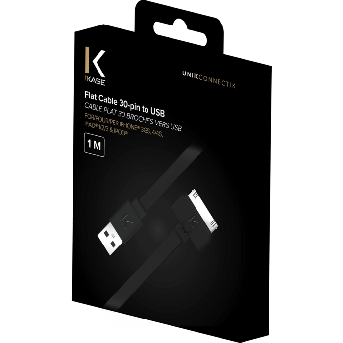 Cable plat 30 broches vers USB (1m) pour Apple, Noir de Jais