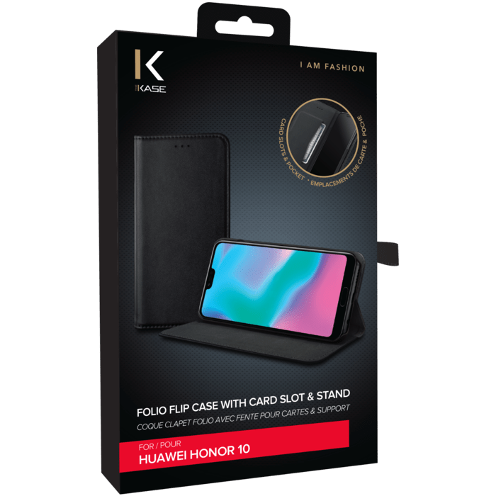 Coque clapet folio avec fente pour cartes & support pour Huawei Honor 10 Noir