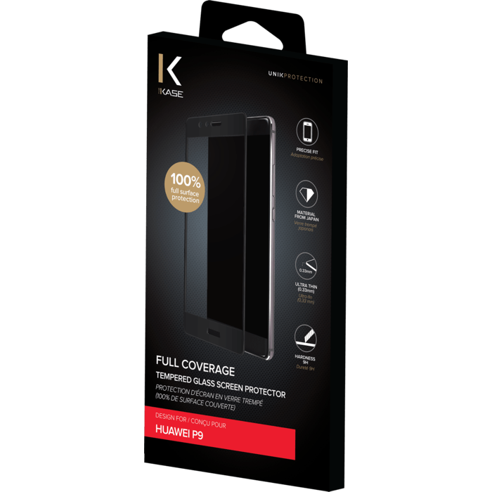 Protection d'&eacute;cran en verre tremp&eacute; (100% de surface couverte) pour Huawei P9, Noir