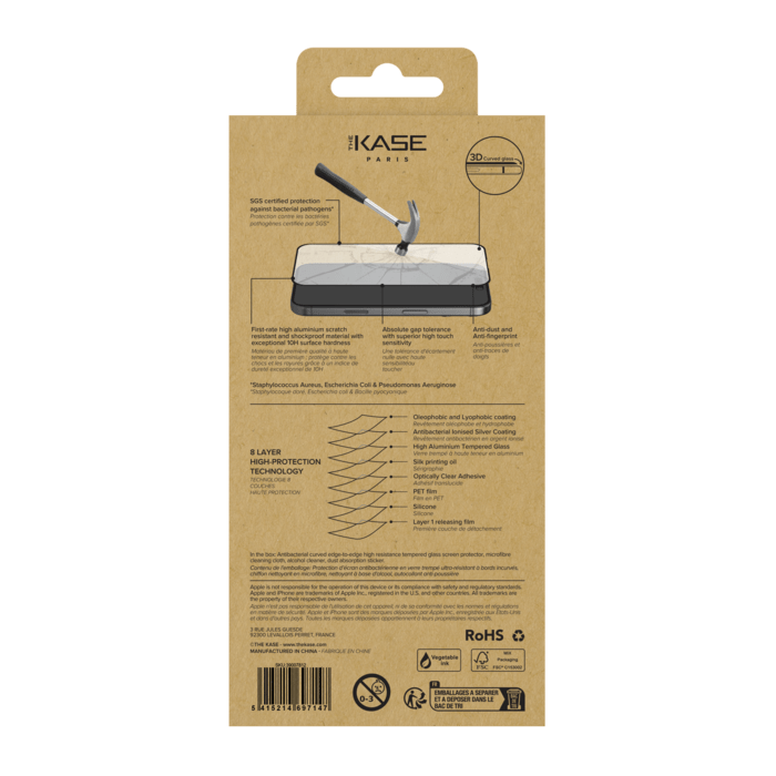 Protection d&rsquo;&eacute;cran antibact&eacute;rienne en verre tremp&eacute; ultra-r&eacute;sistant &agrave; bords incurv&eacute;s (60% verre tremp&eacute; recycl&eacute;) pour Apple iPhone 17 Pro Max, Noir