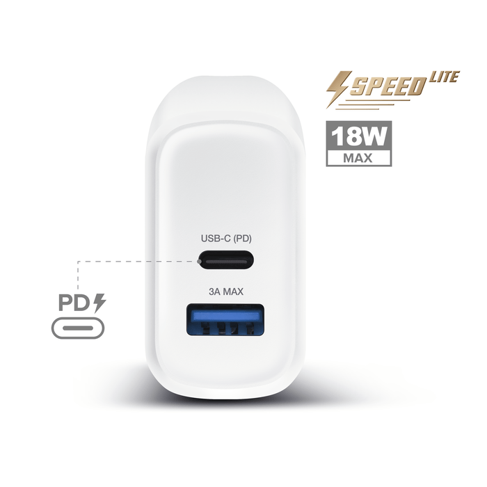 Chargeur secteur mural UE double USB universel PowerPort Speed LITE Charge Rapide 18W (Power Delivery), Blanc
