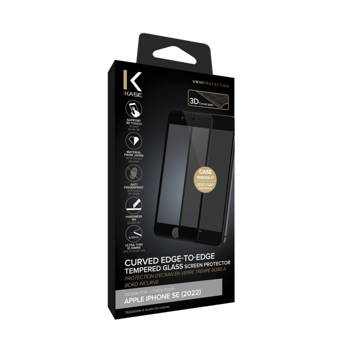 Protection d'&eacute;cran en verre tremp&eacute; Bord &agrave; Bord Incurv&eacute; pour Apple iPhone SE 2022, Noir