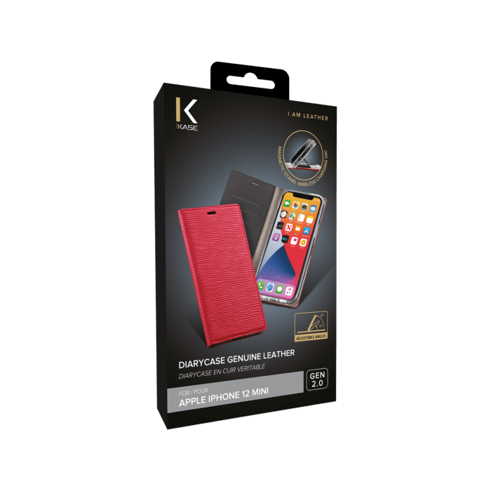 Diarycase 2.0 Coque clapet en cuir v&eacute;ritable avec support aimant&eacute; pour Apple iPhone 12 mini, Rouge Bordeaux