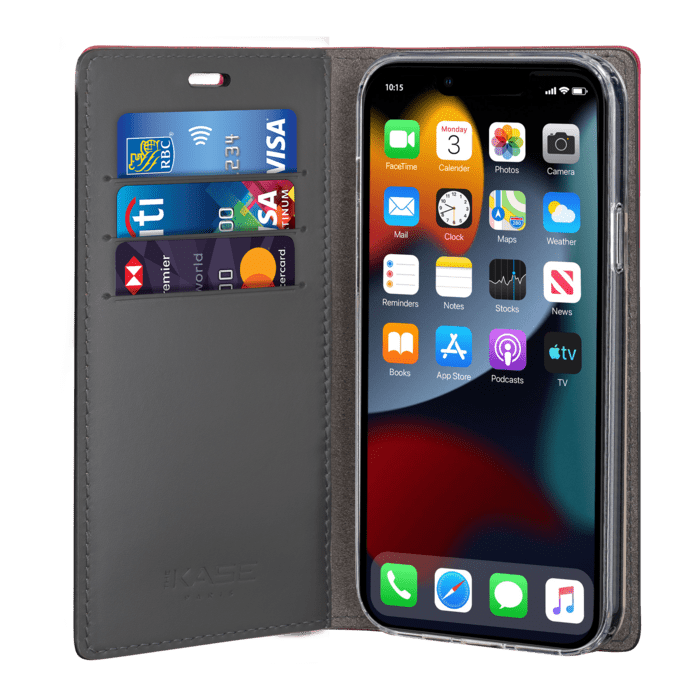 Diarycase 2.0 Coque clapet en cuir v&eacute;ritable avec support aimant&eacute; pour Apple iPhone 13 Pro Max, Rouge Bordeaux