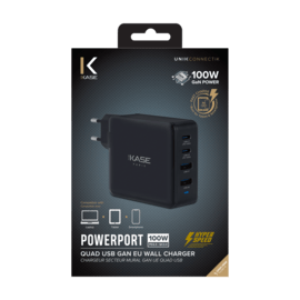 Universal PowerPort Hyper Speed Quick Charge 100W Quad USB GaN EU Wall Charger, Black