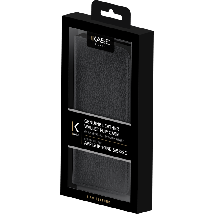Étui portefeuille en cuir véritable pour Apple iPhone 5/5s/SE, cuir Shrunken Noir