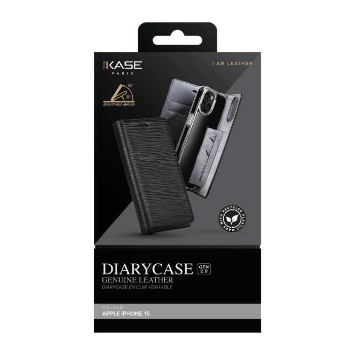 Diarycase 2.0 Coque clapet en cuir v&eacute;ritable avec support aimant&eacute; et fabriqu&eacute; avec un &eacute;tui en plastique recycl&eacute; pour Apple iPhone 15, Noir Minuit