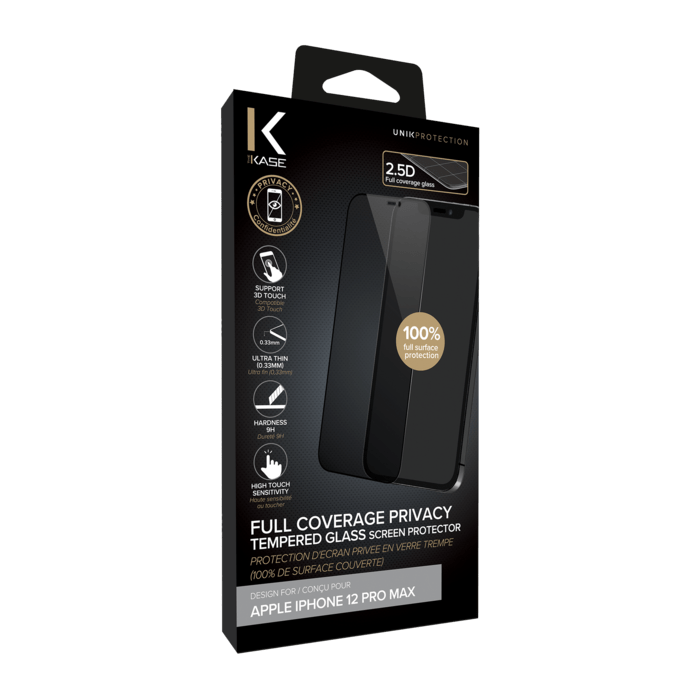 Protection d'&eacute;cran Priv&eacute;e en verre tremp&eacute; (100% de surface couverte) pour Apple iPhone 12 Pro Max, Noir