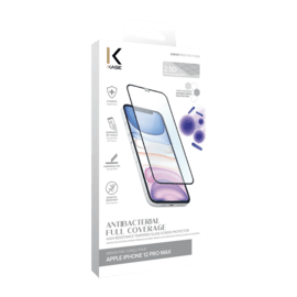Protection d&rsquo;&eacute;cran antibact&eacute;rienne en verre tremp&eacute; ultra-r&eacute;sistant (100% de surface couverte) pour Apple iPhone 12 Pro Max, Noir