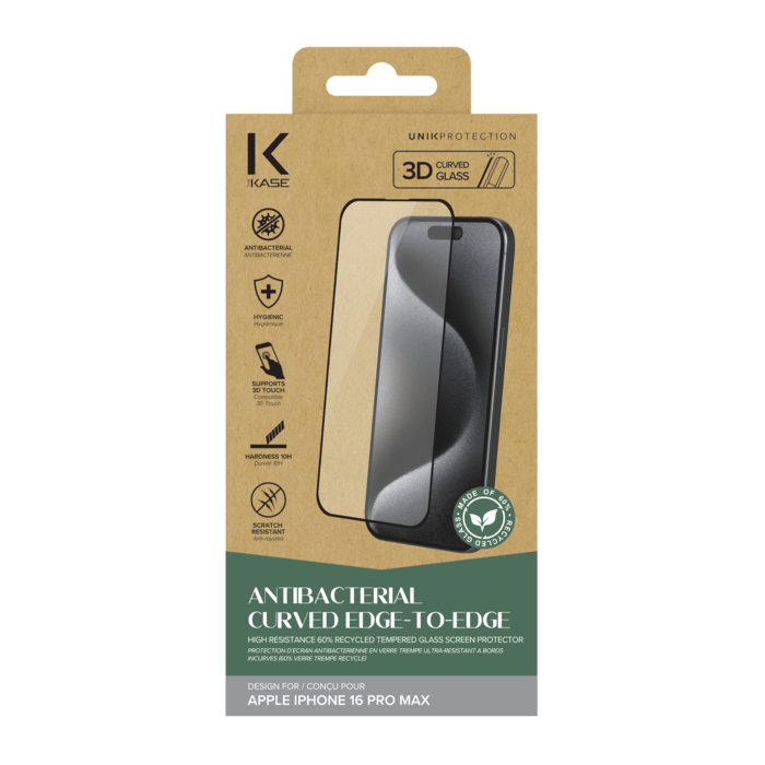 Protection d’écran antibactérienne en verre trempé ultra-résistant à bords incurvés (60% verre trempé recyclé) pour Apple iPhone 16 Pro Max, Noir